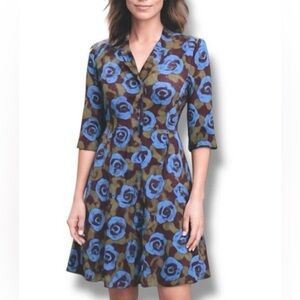 Boden | Riviera Floral Button Front Shift Dress in Brown and Blue - Size 8 Long